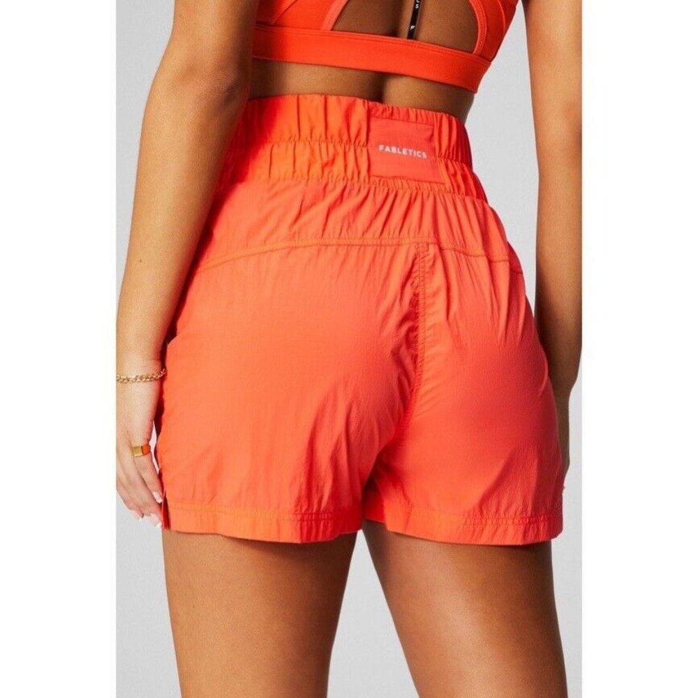 Fabletics Ultra High Waisted Piped Nylon Shorts Reflective Orange Medium - Picture 2 of 5